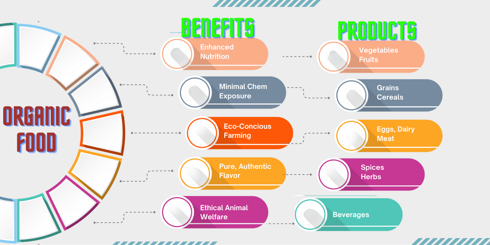 Organic Food Infographic, depicting benefits organic food and products.